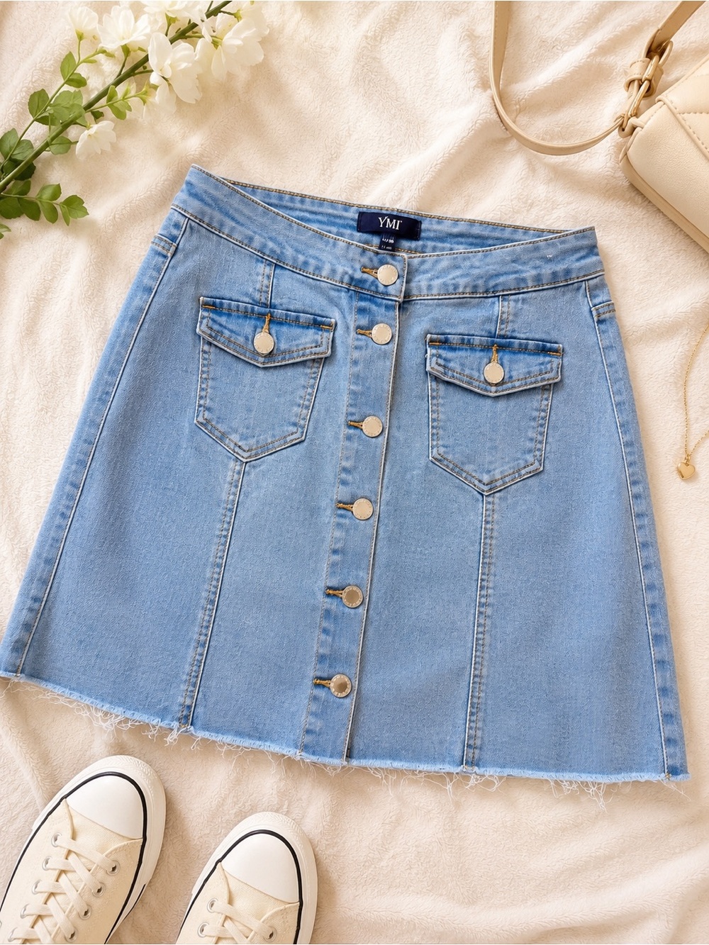 YMI Light Blue Denim Button-Front A-Line Mini Skirt